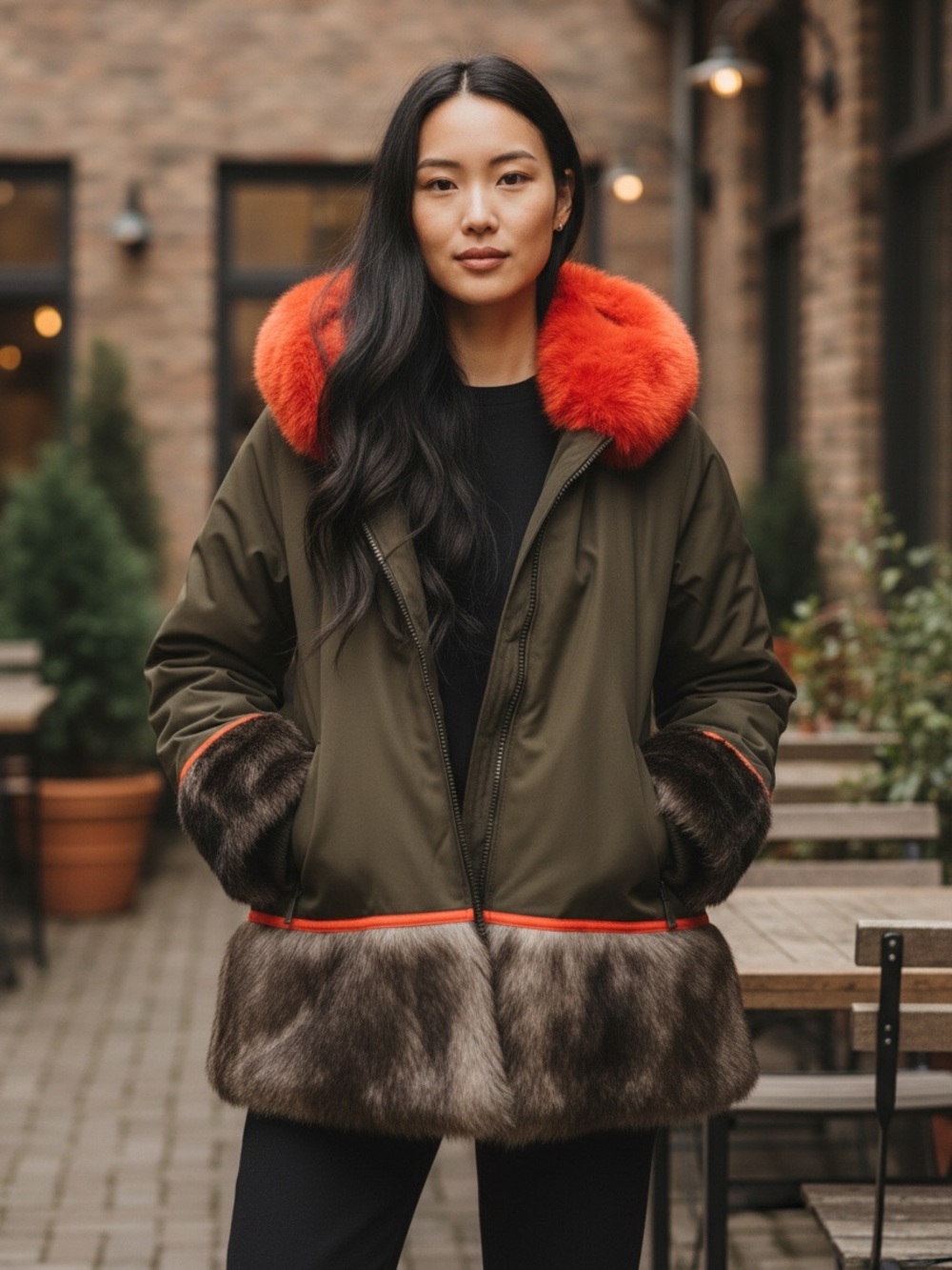 Black Arctic Parka with Fur, Red Trim Collar